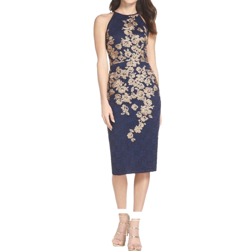 Xcape navy lace gold embroidered halter sheath formal dress Size 2 Party wedding